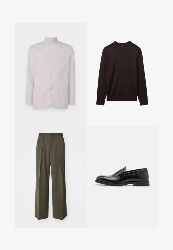 Svetlo šedá pruhovaná bunda s mandarínským golierom, tromi gombíkmi, dvoma prednými vreckami a štruktúrovaným povrchom.; Reiss Svetrík - dark bordeaux; Filippa K WIDE TROUSERS - Nohavice - driftwood; Čierne kožené mokasíny s hladkou textúrou, zaoblenou špičkou a dekoračným pásikom cez priehlavok. Nízky vrstvený opätok, minimalistický dizajn.