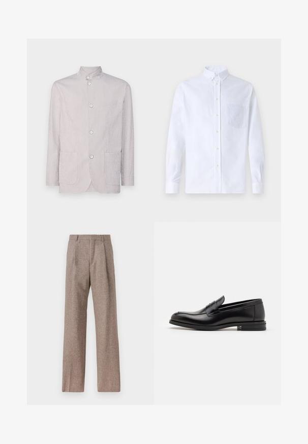 Gaišpelēka vertikāli svītrota jaka ar mandarin stilu apkakli, trim pogām, divām priekšējām kabatām un strukturētu auduma apdari.; Balts garo piedurknēm krekliņš ar pogām, izgatavots no kokvilnas, ar krūšu kabatu ar tonālu izšuvumu, apkakli un pogām pie piedurknēm.; Brūni, augstos šortos izgatavoti no teksturēta auduma. Iezīmē plašas kājas un divas priekšējās krokas, kas nodrošina struktūru. Kārtīga apdare bez redzamām detaļām.; Melnas ādas kurpes ar gludu tekstūru, noapaļu purngalu un dekoratīvu siksniņu pāri priekšpusei. Zems sakrauts papēdis, minimālisma dizains.