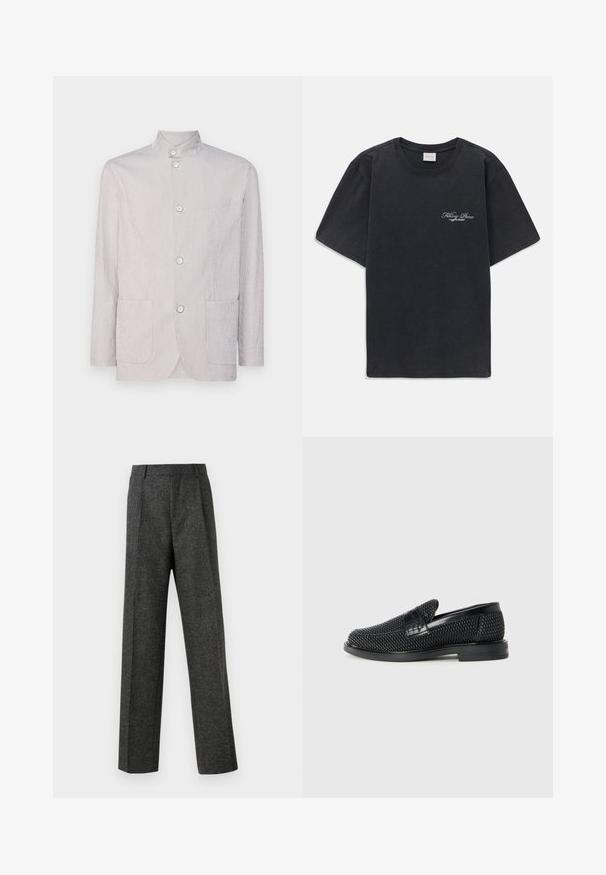 Light gray striped jacket with a mandarin collar, three buttons, two front pockets, and a textured fabric finish.; Black short-sleeve crew neck t-shirt with small white "Filling Pieces" text logo on the left chest.; Gray tailored trousers made of textured fabric, featuring two front pleats and a straight-leg design. No visible pockets or embellishments.; Black woven slip-on shoe with a smooth leather accent on the upper, a round toe design, and a low-profile rubber sole.