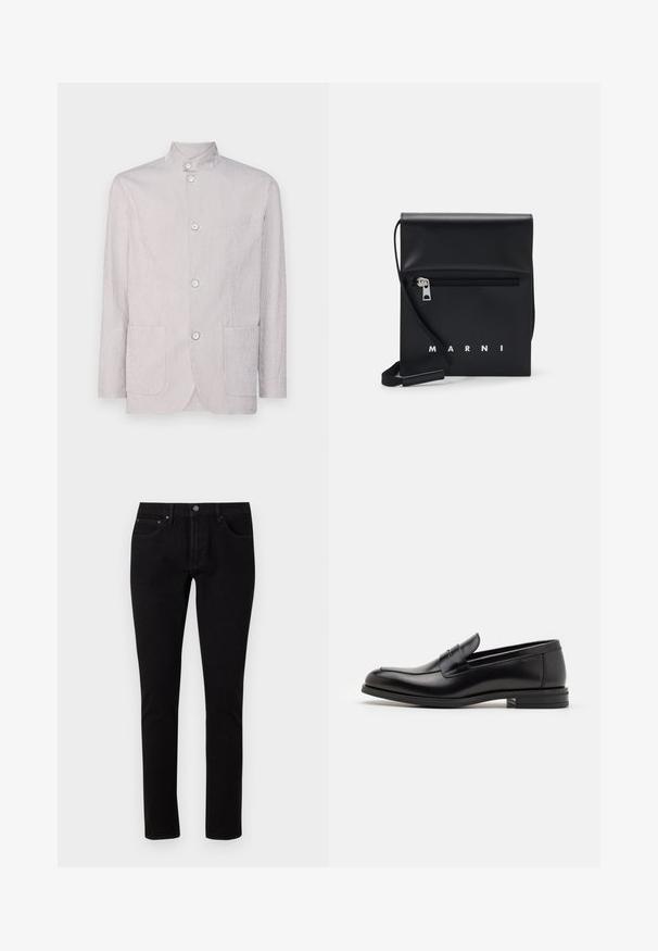 Svetle šedý pruhovaný kabát s mandarínkovým límcem, třemi knoflíky, dvěma předními kapsami a texturovaným povrchem.; Bílé sportovní tričko s krátkým rukávem vyrobené z hladké látky. Má kulatý výstřih a šedé logo na levé straně hrudi, s bočními rozparky na lemu.; Černé džíny z denimu s úzkým střihem, se standardním pasem, pěti kapsami a kovovými akcenty. Hladká, mírně elastická textura.; Černé kožené polobotky s hladkou texturou, zaoblenou špičkou a zdobným páskem přes nárt. Nízký stohovaný podpatek, minimalistický design.; Černá kožená kabelka přes rameno s přední zipovou kapsou, embosovaným logem a nastavitelným popruhem. Hladký povrch s pevnou strukturou.