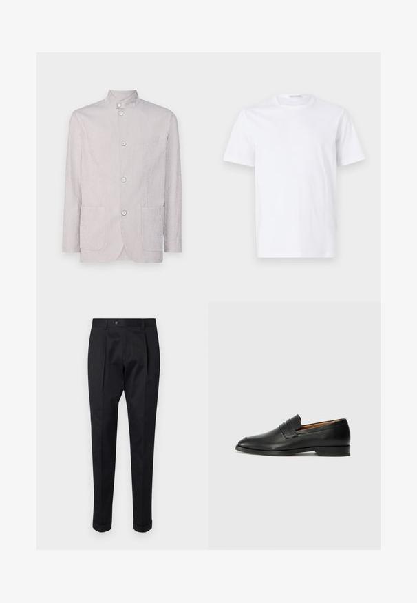 Lys grå stribet jakke med mandarin-krave, tre knapper, to forlommer og en struktureret stofoverflade.; Hvid bomulds t-shirt med rund halsudskæring og korte ærmer. Glat tekstur, lige snit og minimalistisk design uden mønstre eller accenter.; Sorte bukser lavet af et glat stof, der har en fold foran, en knaplukning og opsmøg ved anklerne.; Sort læder loafer med rund tå, diskret syning, og lav hæl, der har en glat tekstur og minimalistisk design.