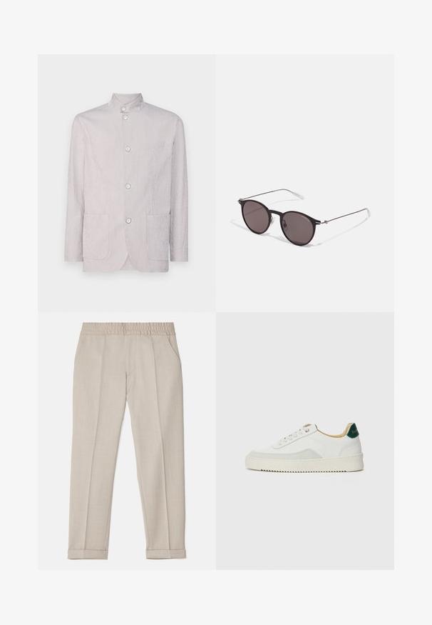 Ljusgrå randig jacka med mandarinkrage, tre knappar, två framfickor och en texturerad yta.; Svart bomull T-shirt med rund halsringning, korta ärmar och "EMPORIO ARMANI" logotyp i vitt ovanför "Milano" i en rundad design.; Filippa K TERRY CROPPED TROUSERS - Tygbyxor - sage melange; Vit sneaker med mockadetaljer, rund tå, platta snören och en krämfärgad gummisula. Har grön branding på hälen.; Svarta runda solglasögon med mörka linser och smala metallarmar. Inkluderar klara tempeltips och silverdetaljer vid gångjärnet. Minimalistisk design.