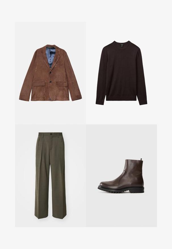 Brauner Wildleder-Blazer mit geschlitztem Revers, zwei Fronttaschen, einer Brusttasche und satinblauer Fütterung; verfügt über zwei schwarze Knöpfe.; Reiss Strickpullover - dark bordeaux; Filippa K WIDE TROUSERS - Stoffhose - driftwood; Braune Leder-Stiefeletten mit glatter Textur, elastischen seitlichen Einsätzen, einer Schlaufe hinten und einer robusten Gummisohle.