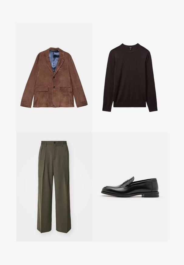 Pruunist sametist bleiser, millel on nurgeline krae, kaks esipocketit, üks rinnaema pocket ning sädeleva sinise voodriga; omaduseks on kaks musta nööpi.; Reiss Džemper - dark bordeaux; Filippa K WIDE TROUSERS - Püksid - driftwood; Mustad mustad nahast loafers sileda tekstuuriga, ümarat ninaosa ja dekoratiivne riba vampi üle. Madal kihiline konts, minimalistlik disain.