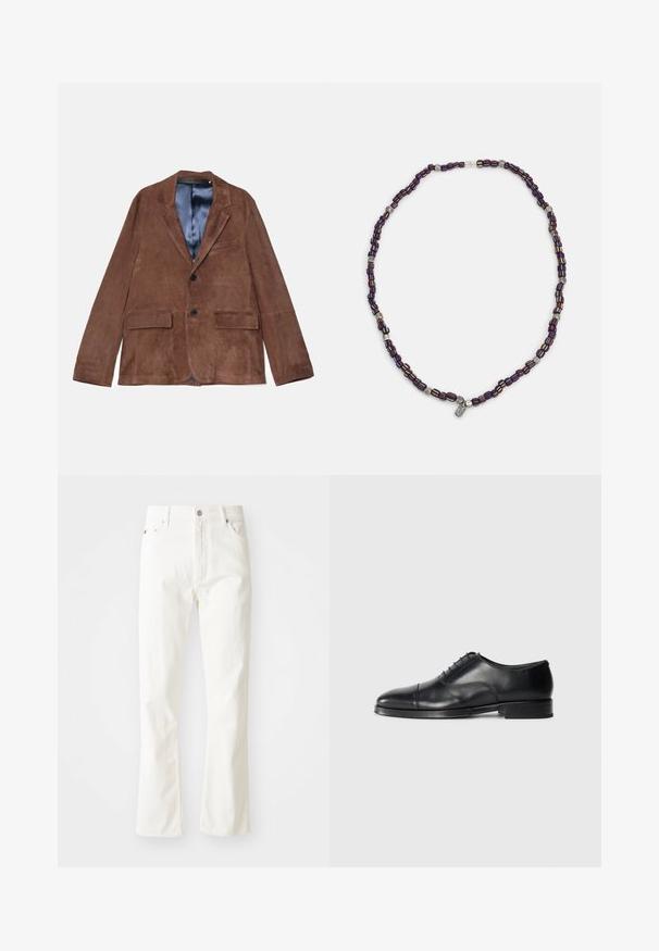 Blazer in suede marrone con revers a punta, due tasche anteriori, una tasca sul petto e foderato in blu satin; presenta due bottoni neri.; T-shirt a maniche corte blu navy realizzato in morbido tessuto, con scollatura a girocollo e un piccolo logo scuro sul petto.; Jeans flared in denim bianco con vita alta, tasche frontali e dettagli in metallo argentato. Il tessuto ha una texture liscia con sottili dettagli di cucitura.; Scarpa da uomo in pelle nera con punta arrotondata, texture liscia, design con lacci e un delicato dettaglio di cucitura, caratterizzata da un tacco basso e piatto.; Collana di perline multicolori con perline blu scuro, rosse e gialle, intervallate da accenti argentati e un ciondolo pendente.