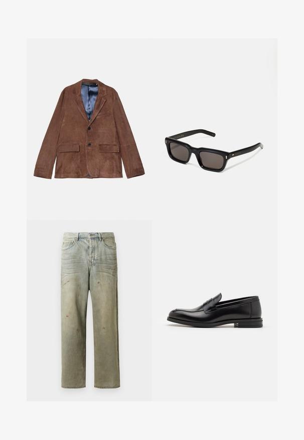 Ruskea nukka-takkia, jossa on viistetty kaulus, kaksi etutaskua, yksi rintatasku ja satiinibluusi vuori; sisältää kaksi mustaa nappia.; Valkoinen lyhythihainen t-paita puuvillakankaasta, jossa on pyöreä pääntie. Yksinkertainen muotoilu ilman kuvioita tai korostuksia. Tasainen rakenne.; Vaaleanvihreät kulutetut farkut suoran lahkeen, viiden taskun muotoilun ja epätasaisen haalistumisen sekä maalikohoumiin kanssa.; Mustat nahkakengät, joissa on sileä pinta, pyöreä kärki ja koristeellinen nauha jalkapöydän yli. Matala pinoitu koroke, minimalistinen muotoilu.; Mustat suorakulmaiset aurinkolasit tummilla linsseillä, paksu muovikehys, kultaiset korostukset temppeleissä ja brändin logo kaiverrettuna varteen.