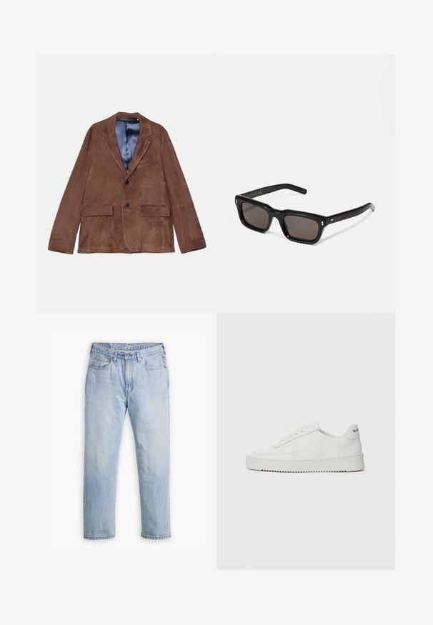 Bruine suede blazer met een geknipt revers, twee voorzakken, één borstzak en een satijnen blauwe voering; voorzien van twee zwarte knopen.; Icecream JUMBO RUNNING DOG - T-shirt print - black; Lichtblauwe denim jeans met een recht model, vijf zakken en contrasterende stiksels. Knopen- en ritssluiting bij de taille.; Witte leren sneaker met een gladde afwerking, ronde neus, platte veters en een gestructureerde zool. Kenmerkt zich door een subtiel logo op de hiel.; Zwarte rechthoekige zonnebril met donkere lenzen, een dik plastic montuur, gouden accenten op de veren en het merkembleem gegraveerd op de arm.