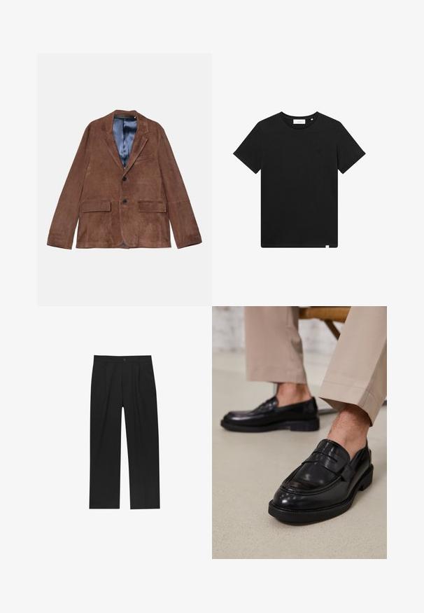 Ruskea nukka-takkia, jossa on viistetty kaulus, kaksi etutaskua, yksi rintatasku ja satiinibluusi vuori; sisältää kaksi mustaa nappia.; Lyhythihaine musta T-paita, joka on valmistettu puuvillasta. Paidassa on pyöreä pääntie ja pieni brodeerattu logo rinnassa. Sujuva rakenne, normaali istuvuus.; Mustat housut suoranlahkeisella muotoilulla, valmistettu sileästä kankaasta. Ominaisuuksiin kuuluu etupleateet ja yksi nappikiinnitys vyötäröllä.; Musta nahkakengät, joissa on sileä pinta, koristetasku ja kontrastisomistus, yhdistettynä vaaleanbeigeihin housuihin.