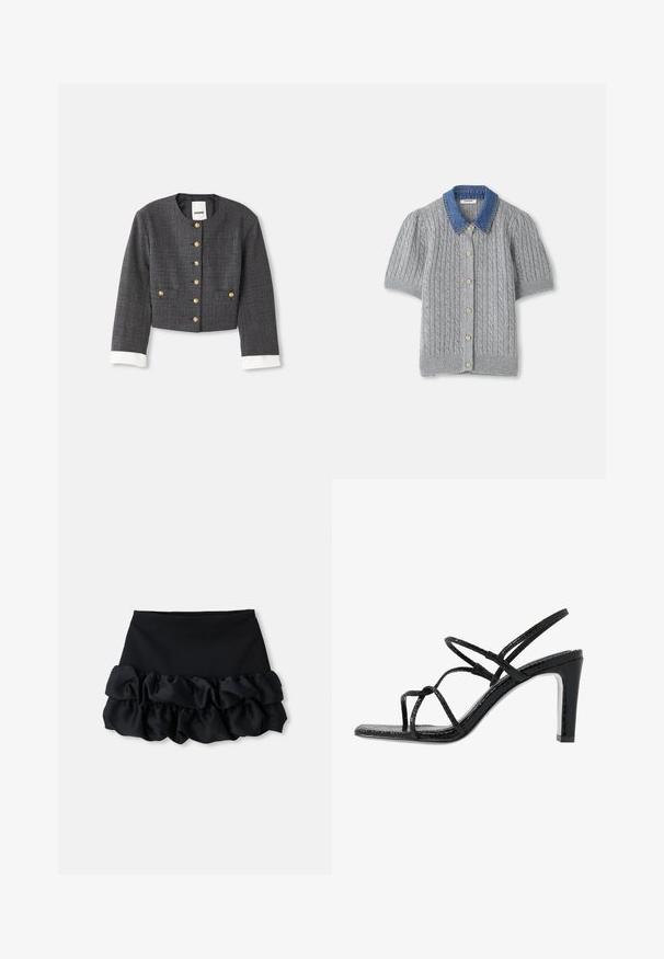 Zkrátená šedá károvaná bunda so zlatými gombíkmi, bielymi akcentmi na manžetách, okrúhlym výstrihom a dvoma prednými vreckami. Podšívka vnútra.; Sivý pletený cardigan s krátkym rukávom, zdobený káblovým vzorom, s džínsovým golierom a piatimi zlatými gombíkmi na prednej strane.; Čierna mini sukňa s priliehavým topom a tromi vrstvami volánikovej textílie na spodnej časti, s hladkou štruktúrou a čistými líniami.; Čierne sandále na podpätku s tenkými pásikmi, štruktúrovaným povrchom, otvorenou špičkou a elegantným, špicatým dizajnom podpätku. Majú hladkú stélku a lesklý povrch.