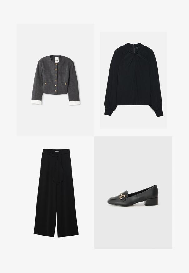 Beskåret grå plaidjakke med gyldne knapper, hvide manchetter, rund halsudskæring og to forlommer. Foret inderside.; Sort bluse lavet af letvægtsstof med plisseret front, høj krave og elastiske manchetter, der har en skjult lynlås i ryggen.; Sorte vide bukser i en tekstureret stofkvalitet, med elastisk talje og et aftageligt bånd i taljen for justerbar pasform.; Sorte læder loafers med flad hæl, der har en dekorativ guldhardwaredetalje foran og en glat overflade.