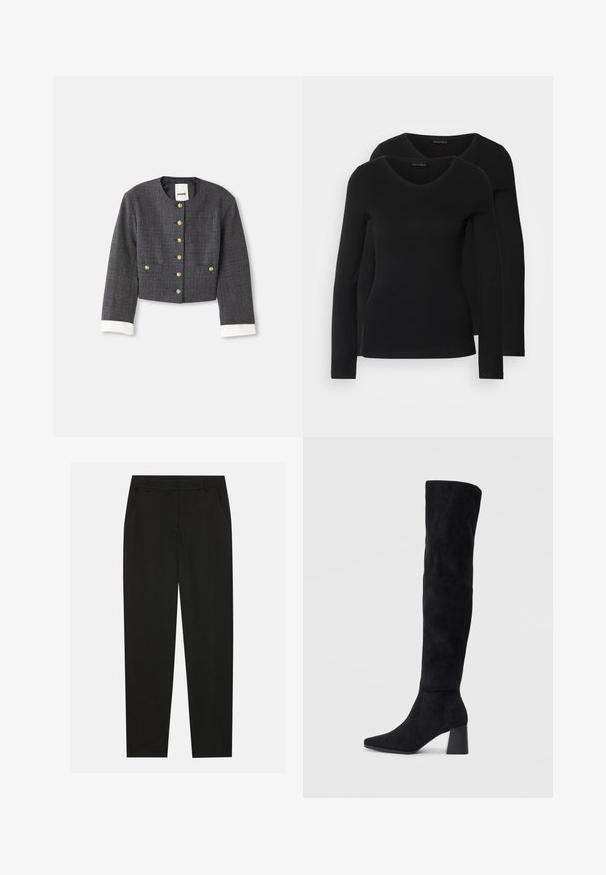 Veste à carreaux grise coupée avec des boutons dorés, des accents de poignet blancs, un col rond et deux poches avant. Intérieur doublé.; Deux chemises noires à manches longues avec un design en V, fabriquées en tissu doux et extensible, présentant une texture lisse et une silhouette ajustée.; Pantalon noir au design ajusté, doté de poches latérales et d'une jambe droite. Fabriqué en tissu lisse et léger avec une finition élégante.; Botte noire en daim montée jusqu'au genou, avec un talon bloc, un bout pointu et un design lisse et sans couture sur un fond clair.