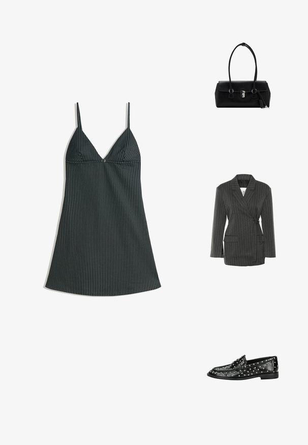 Blazer gris foncé à rayures avec un design croisé, des manches longues et deux poches avant ; possède une ceinture à la taille et un col structuré.; Robe longue à rayures noires et blanches avec un décolleté en V, des bretelles fines et une coupe ample. Le tissu a une texture lisse et un ourlet droit.; Mocassins en cuir noir avec un design clouté et des accents argentés, semelle plate et détails cousus pour un aspect texturé.; Sac à main en cuir noir avec une texture lisse, au design structuré, doté de deux poignées et d'un détail en métal argenté au centre.