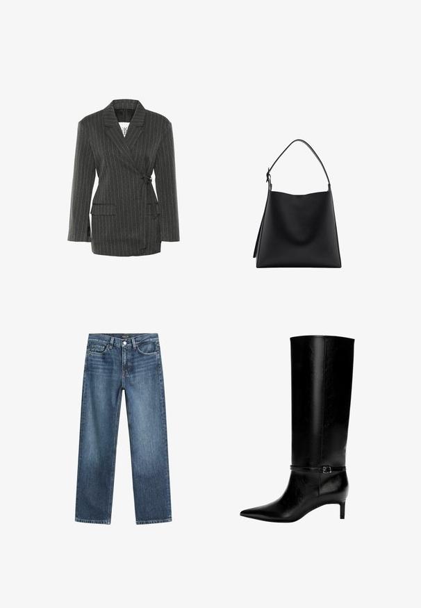 Dunkelgrauer Nadelstreifen-Blazer mit Wickeldesign, langen Ärmeln und zwei Fronttaschen; verfügt über einen Gürtel in der Taille und einen strukturierten Kragen.; Schwarzer Rollkragenpullover aus einem weichen Strickstoff. Mit langen Ärmeln sowie gerippten Manschetten und Saum. Einfaches, klassisches Design ohne Muster.; Blaue Denim-Jeans mit geradem Bein, mittlerem Waschfinish, fünf Taschen und einem vorderen Knopfverschluss. Klassische Nähte an allen Stellen.; Schwarze Lederstiefel bis zum Knie mit spitzer Zehe und kleinem Absatz. Verfügt über einen schmalen Riemen mit einer metallischen Schnalle am Knöchel. Glatte Textur.; Schwarze Ledertasche mit glatter Textur, minimalistisches Design und einem einzigen, geschwungenen Schultergurt. Offenes Oberteil, keine sichtbaren Beschläge.