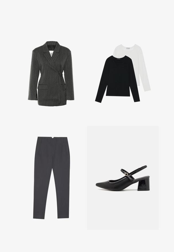 Blazer de rayas gris oscuro con diseño envolvente, mangas largas y dos bolsillos frontales; incluye un lazo en la cintura y un cuello estructurado.; Dos camisetas de manga larga, una negra y otra blanca, ambas con escote cuadrado y confeccionadas en un tejido suave y elástico.; Pantalones gris oscuro ajustados con bolsillos laterales y pliegues frontales, diseñados para un ajuste a medida.; Tacones slingback de charol negro con punta afilada, un diseño de corte redondeado y tacón bloque. Incluye un detalle de hebilla en tono dorado.