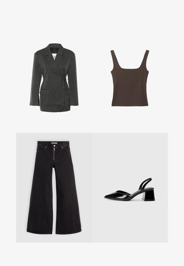 Tmavosivý pruhovaný blazer s obálkovým dizajnom, dlhými rukávmi a dvoma prednými vreckami; obsahuje opasok v oblasti pása a štruktúrovaný golier.; Hnedý bezrúškový top so štvorcovým výstrihom, vyrobený z mäkkého, elastického materiálu. Má priliehavý strih a ploché švy.; Dlhé nohavice vo voľnom strihu z čierneho denimu so zipsom vpredu, päť vrecúškovým dizajnom a jemnými stehovými detailmi. Hladká textúra a neformálny štýl.; Čierne lakované kožené sandálové podpätky s špicatou špičkou a geometrickým blokovým podpätkom. Disponujú elegantným, minimalistickým dizajnom a hladkým povrchom.