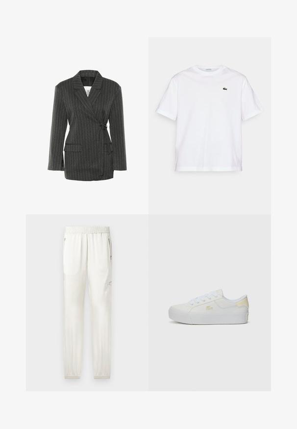 Sötétszürke csíkos blazer, körbevarrott dizájnnal, hosszú ujjal és két elülső zsebbel; derékon megkötő, valamint strukturált gallérral rendelkezik.; Fehér pamut póló, kerek nyakkivágással és rövid ujjakkal. A mellkason zöld hímzett logóval rendelkezik. Puha tapintású, laza szabású.; Világos krémszínű joggerek rugalmas derékrésszel, szűkítő mandzsettákkal, oldzsebekkel és cipzáros részletekkel. Simább, enyhén fényes szövetfelület.; Fehér vászon sportcipők, amelyeken texturált felszín, lekerekített orr és lapos fűző található. Diszkrét sárga akcentussal és logóval a szeren.