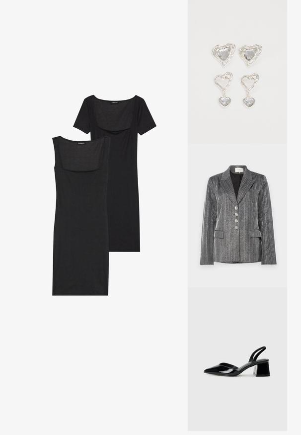 YAS YASKAMO SHOW - Kratka jakna - black/silver; Crna uska haljina s kvadratnim izrezom, kratkim rukavima i rebrastom teksturom. Dvije varijante: svjetlija crna i dublja crna nijansa.; Crne lakirane kožne sandale s otvorenom petom i špicastim vrhom, s geometrijskom blok petom. Imaju elegantan, minimalistički dizajn i glatku teksturu.; Srebrne naušnice u obliku srca imaju fasetirane prozirne kamenčiće, s teksturiranim okvirom. Set uključuje naušnice na dugme i viseće stilove.