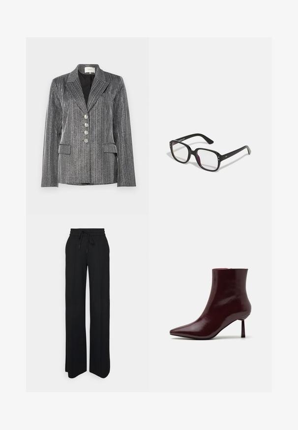 YAS YASKAMO SHOW - Žakete - black/silver; Olīvzaļa adīta džemperis ar apaļu apkakli, noliktām plecu daļām un ribota piedurknes galiem. Audums izskatās mīksts ar vieglu faktūras detaļu.; Melni plaša kāju bikses, izgatavotas no mīksta auduma. Tām ir elastīga josta ar auklu, tīras līnijas un nav redzamu rakstu vai akcentu.; Burgundijas lakota ādas potīšu zābaciņi ar smailu purngalu un šauru stiletto papēdi, kas izceļas ar gludu, spīdīgu tekstūru un minimālistisku dizainu.; Melnas taisnstūra formas brilles ar caurspīdīgām lēcām, ar noapaļotiem stūriem un sānu akcentiem, ar spīdīgu apdari rāmja un kāju daļā.