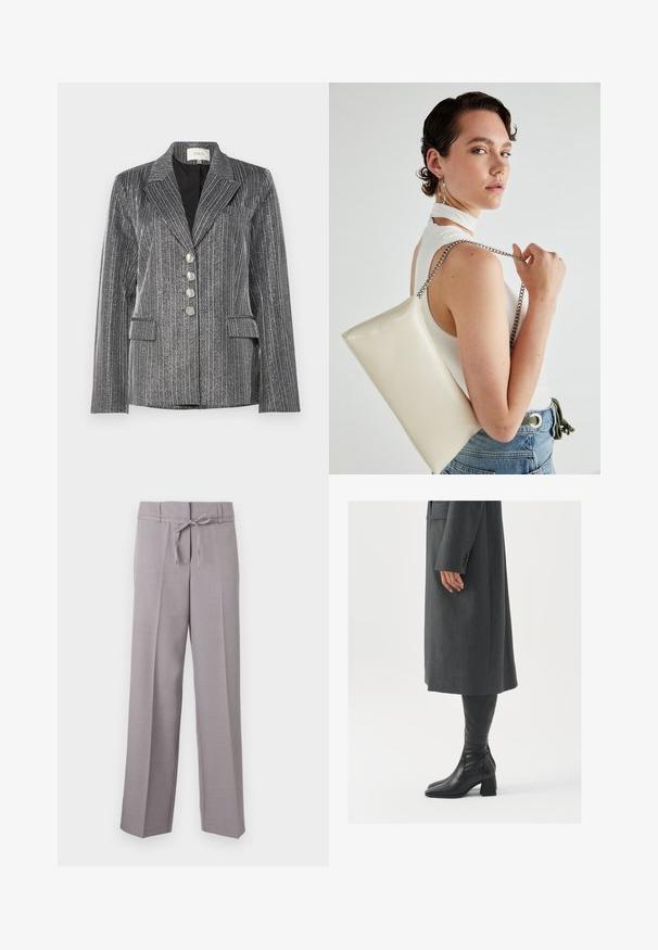 YAS YASKAMO SHOW - Blejzr - black/silver; Krátká bílá tričko vyrobené z bavlny s krátkými rukávy, kulatým výstřihem a rovým lemem, s hladkou texturou a minimalistickým designem.; Světlé šedé široké kalhoty s jemnouTexturou, s elastickým pasem na šňůrku a zažehlenými záhyby pro strukturovaný fit.; Šedý padnoucí kabát s rovnou siluetou; kombinovaný s černými koženými botami nad kolena s hranatou špičkou a masivním podpatkem.; Bílá obdélníková psaníčko vyrobené z lesklého materiálu, se stříbrným řetízkovým popruhem. Modelka pózuje a předvádí tašku na jednobarevném pozadí.