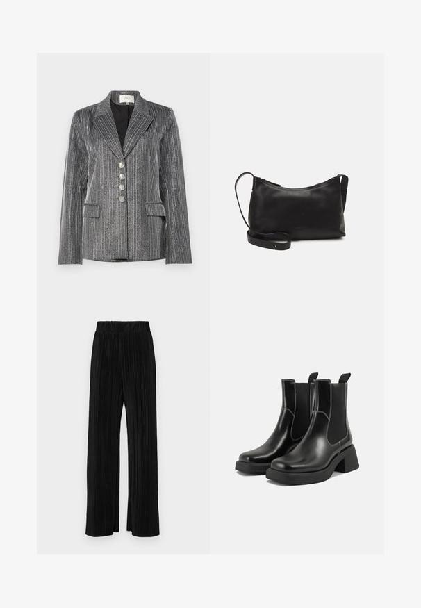 YAS YASKAMO SHOW - Blazer - black/silver; Set di due maglie a maniche lunghe, bianche e nere. Texture a coste, scollo tondo, design aderente con maniche leggermente svasate.; Pantaloni neri a plissé con vita elasticizzata. Presentano gamba ampia e un tessuto liscio e texture con strisce verticali.; Stivali Chelsea in pelle nera con tacco spesso, pannelli elasticizzati sui lati e cuciture bianche a contrasto. Finitura testurizzata.; Borsa a spalla in pelle nera con una texture liscia, forma curva, tracolla regolabile e chiusura con zip. Design minimalista senza ornamenti.