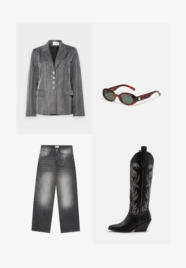 YAS YASKAMO SHOW - Blazer - black/silver; Weißes T-Shirt mit kurzen Ärmeln aus glatter Stoffqualität, mit rundem Ausschnitt und dezenten Nähten am Saum.; Schwarze Jeans mit weitem Bein aus Denim mit einem verblassten grauen Finish, ausgestattet mit Fronttaschen, einem Knopfverschluss und leichten Abnutzungserscheinungen an den Knien.; Schwarze Leder-Cowboy-Stiefel mit spitzen Zehen, Keilabsätzen und silbernen, gestickten Blumenmustern entlang des Schafts. Kontrastnähte über das gesamte Design.; Schildkrötenmuster Sonnenbrille mit dunklen Gläsern, ovaler Form und breiten Bügeln. Verfügt über eine kleine goldene Akzentuierung an der Seite. Hergestellt aus glattem Kunststoff.