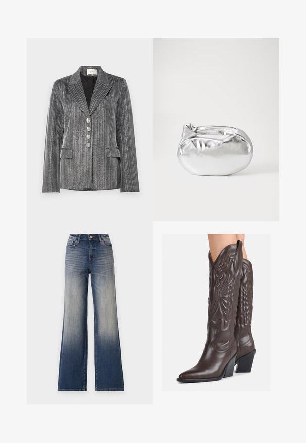 YAS YASKAMO czarny; Biała bezrękawnikowa koszulka wykonana z prążkowanej tkaniny, z okrągłym dekoltem i dopasowanym krojem, o minimalnych szwach i bez ozdób.; Jeans o wysokim stanie, szerokie nogawki, w jasnym do ciemnego niebieskiego denimu z przetarciami, z zapięciem na guzik i szlufkami na pasek. Czysty dół i brak widocznych ozdób.; Brązowe skórzane kowbojki z noskiem w kształcie migdała i blokowym obcasem, z detalicznym przeszyciem i podniesionymi akcentami na cholewce.; Srebrna metaliczna torba worek o miękkim, zaokrąglonym kształcie i zawiązywanym z góry zapięciem. Wykonana z gładkiego materiału imitującego skórę.