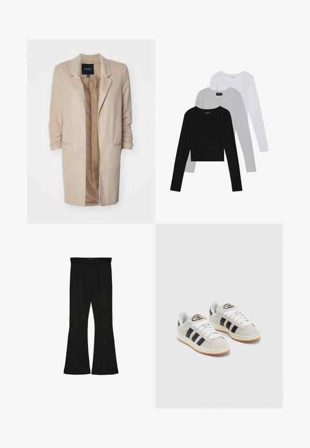 Beige blézer, textúrált anyagból, egygombos záródással és nyitott elülső résszel. Két oldalsó zseb és felhajtott ujjak jellemzik. Belső bélés világosabb árnyalatban.; Három hosszú ujjú póló egymásra rakva: fekete, szürke és fehér. Mindegyiknek kerek nyaka van, és rövidített fazonnal rendelkezik, sima, könnyű anyagból készült.; Fekete trapéz leggings rugalmas anyagból készült. Széles derékpánttal és sima textúrával rendelkezik, illeszkedő sziluettje van, amely a szegélyen kigyullad.; Szürke velúr sportcipők fehér fűzővel, fekete csíkokkal és fehér gumitalppal. A nyelvén kör alakú logó található, illetve a talpa színes gumi.