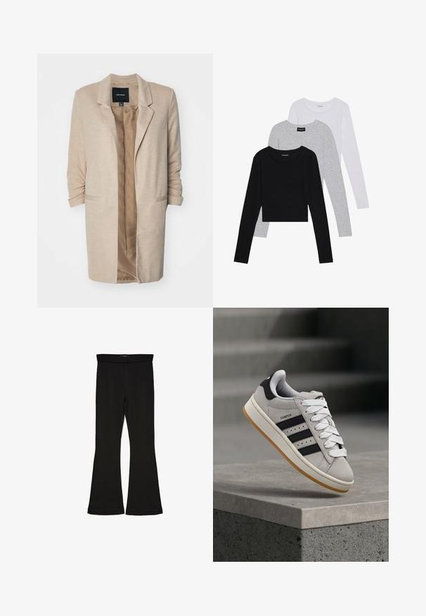 Beige blazer med teksturert stoff, enkeltknappslukking og åpen front. Har to sidelommer og brettede ermer. Innerfor i en lysere nyanse.; Tre lange ermer t-skjorter stablet: svart, grå og hvit. Hver har en rund hals og et kort design med glatt, lett stoff.; Sorte flared leggings laget av stretchy stoff. Har en bred midjebånd og en glatt tekstur, med en tettsittende silhuett som blir videre nedover.; Grå Adidas Campus-sneakers med svarte striper og hvite lisser som svever over en betongkant med trapper i bakgrunnen.
