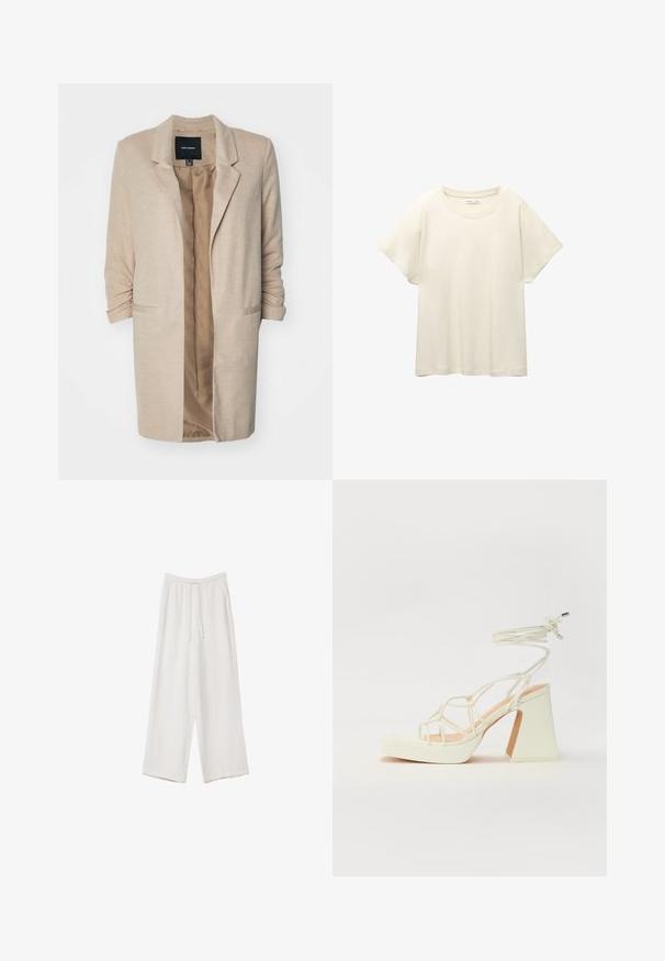 Beige bleiseri, jossa on rakenteellinen kangas, yksinapainen kiinnitys ja avoin etuosa. Mukana kaksi sivutaskua ja käännetyt hihat. Sisävuori kevyemmässä sävyssä.; Vaaleanbeige lyhythihainen t-paita, jossa on pyöreä kaula-aukko, valmistettu pehmeästä ja sileästä kankaasta. Ominaisuuksina rento mitta ja suora helma.; Valkoiset leveälahkeiset housut kevyestä kankaasta. Ominaisuuksiin kuuluu elastinen vyötärö, jossa on nauhakuuluma ja sivutaskut. Sileä rakenne.; Valkoinen korkokenkä, jossa on paksu korko, ja joka sisältää nauhakiinnityksen ja nilkkaketjun. Sujuva pinta, jossa on platform-etupohja lisäkorkeutta varten.