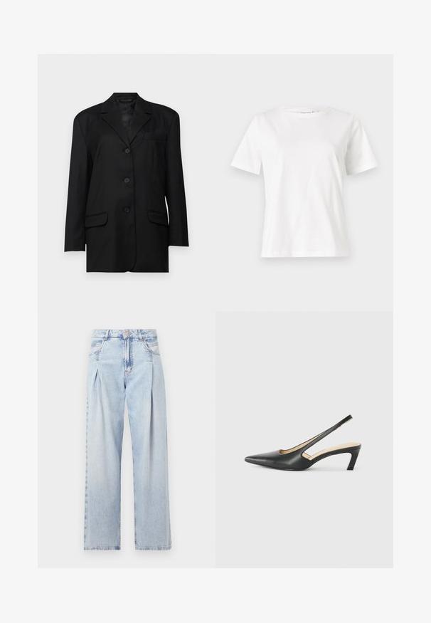 Melnas žaketes ar iegrieztiem uzgaļiem, vienas rindas pogu aizdare, divas priekšējās kabatas un krūšu kabata; izgatavota no gludas auduma ar strukturētu formu.; Baltas kokvilnas T-krekls ar īsām piedurknēm, apaļu kakla izgriezumu un brīvu piegriezumu. Gluda tekstūra, bez rakstiem vai akcentiem, minimālistisks dizains.; Gaiši zilas džinsu bikses ar augstu jostasvietu, plats kāju griezumu, divām sānu kabatām un krokotā dizaina akcentiem. Mīksta tekstūra ar izdilušu apdari.; Melna, ar smailu purngalu, slingback kurpe ar zemu papēdi, izgatavota no gludas ādas materiāla un ar izgriezumiem sānos gaisa caurlaidībai.