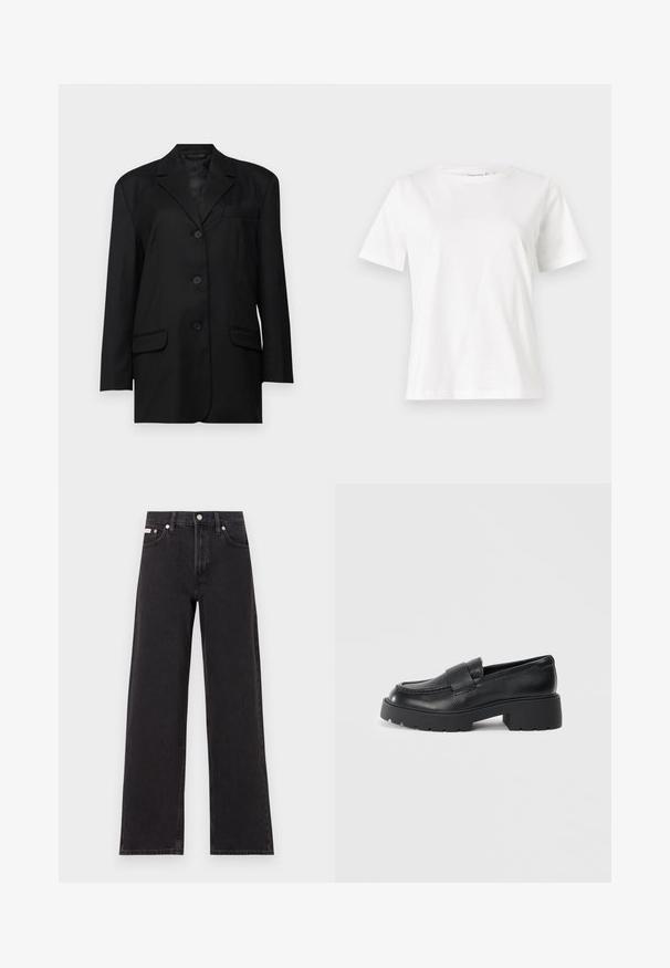 Crni blazer s reverom, jednostrukim kopčanjem na gumbe, dva prednja džepa i džepom za prsa; izrađen od glatkog materijala s strukturiranim oblikom.; Bijela pamučna majica s kratkim rukavima, okruglim izrezom i opuštenim krojem. Glatka tekstura, bez uzoraka ili akcenata, minimalistički dizajn.; Crne široke traperice od denima, s visokim strukom, pet džepova i metalnim zatvaranjem s kontrastnim šavovima.; Crne kožne mokasine s strukturiranom površinom, koje imaju pravokutnu traku preko gornjeg dijela i robustan, nazubljen potplat.