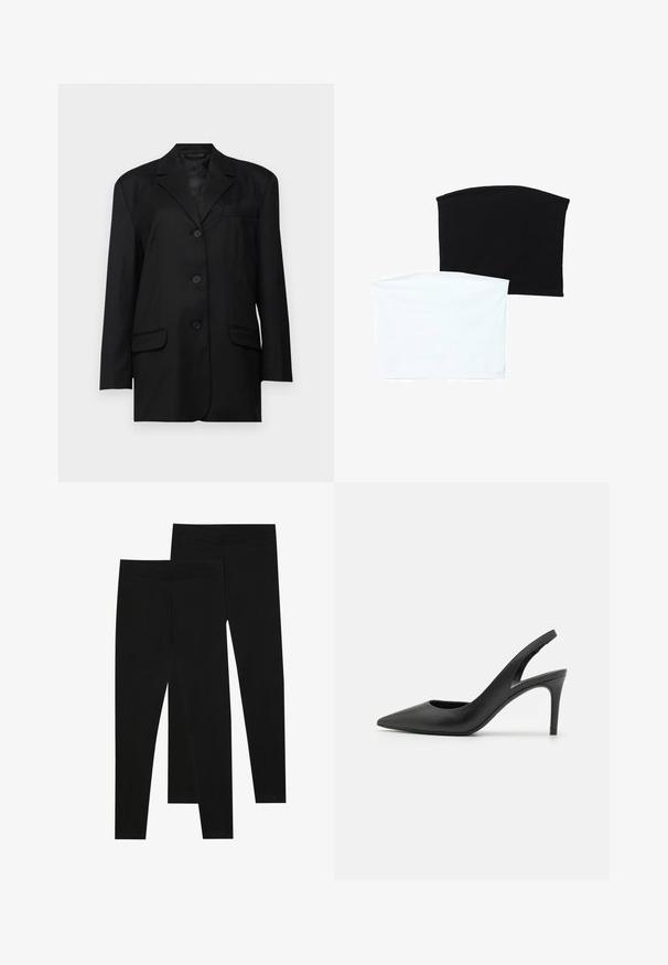 Črn blazer z izrezanim ovratnikom, enojnim zapiranjem z gumbi, dvema sprednjima žepoma in žepom na prsih; izdelan iz gladkega materiala z strukturirano obliko.; Dve brezšivne cevi šali: ena črna in ena bela. Obe sta izdelani iz mehkega, raztegljivega materiala in imata gladko teksturo brez vzorcev.; Črne legice iz raztegljive tkanine, z brezšivnim pasom in oprijetim krojem, primerne za prosti čas ali vadbo.; Črne usnjene slingback visokih petah s koničastim nosom, ki vključujejo izrez spredaj in tanko stilettoteko.