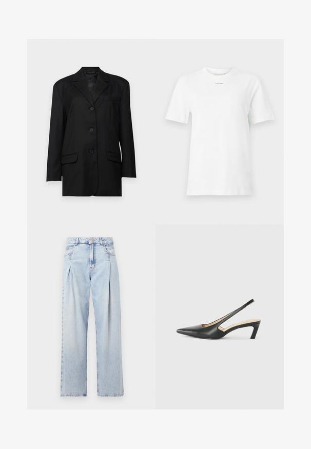 Mustmustükk, millel on lõigatud krae, ühe nööbi sulgemine, kaks esi-taskut ja rinna-tasku; valmistatud siledast kangast, millel on struktuurne kuju.; Valge puuvillane t-särk, millel on ümar kaelus, lühikesed varrukad ja rinnal väike must "Calvin Klein" logo. Lihtne disain, ilma mustriteta.; Heledad sinise denimist valmistatud teksapüksid kõrge vöökohaga, laia jala lõikega, kahe külje taskuga ja pleedi disainiga. Pehme tekstuur ja pleekinud viimistlus.; Must mustaga, terav varvas, madala kontsaga sildiga king, mis on valmistatud siledast nahast ja mille küljel on lõike disain hingavuse tagamiseks.