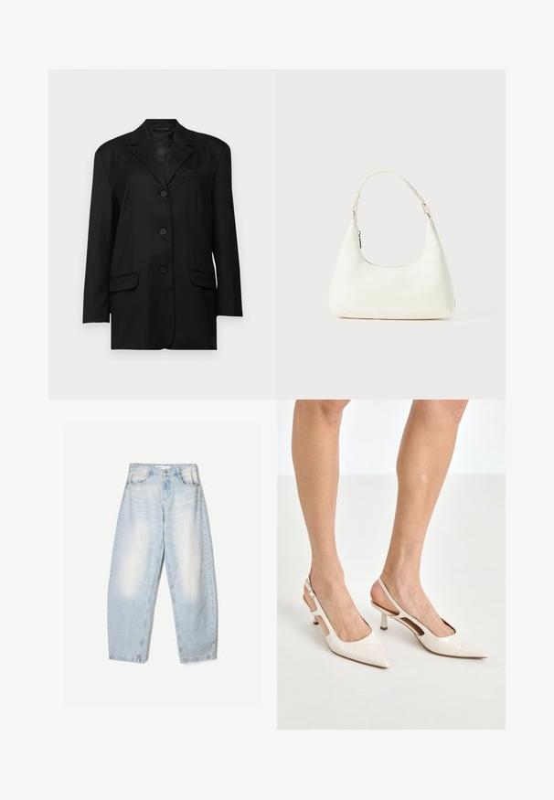Fekete blazer, kifli a gallér, egysoros gombos záródás, két elülső zseb és egy mellzseb; sima anyagból készült, strukturált formával.; Világoskék csipkés ujjatlan felső vékony pántokkal, fodros csipke díszítéssel és virágmintával, amely a body-hugging sziluettet hangsúlyozza.; Világoskék farmernadrág, laza szabással, elhasználódott hatással, két elülső zsebbel és gombos zárással a derékrészen.; Beige patent bőr slingback magassarkúk hegyes orral és 5 cm-es sarokkal, kivágott oldalakkal és vékony bokapánttal.; Kicsi fehér válltáska egyetlen állítható pánttal és cipzárral, egy sima fehér háttér előtt.; Arany és ezüst csepp fülbevalók ívelt, megnyújtott formával. Fényes felület, sima textúra és minimalista dizájn.