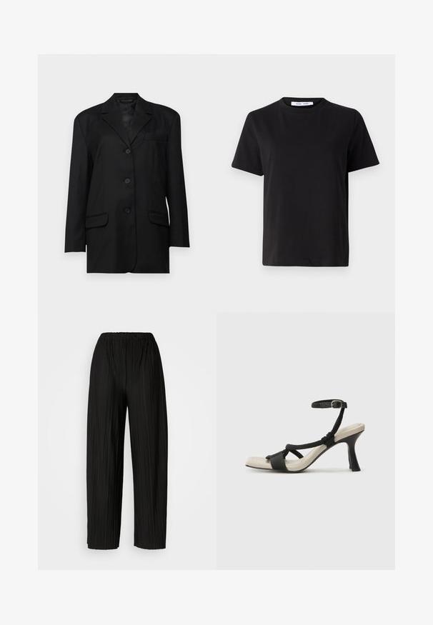 Blazer noir avec un col cranté, fermeture à un bouton sur le devant, deux poches avant et une poche poitrine ; fabriqué en tissu lisse avec une coupe structurée.; T-shirt noir à manches courtes en coton doux, avec un col rond, une coupe décontractée et une texture lisse. Pas de motifs ni de graphiques visibles.; Pantalons larges plissés noirs avec une taille élastique. Le tissu présente des plis verticaux et une texture lisse.; Sandale à talon noir avec un design de brides tressées, bout carré et bride de cheville réglable. Semelle intérieure beige claire avec un talon noir brillant.
