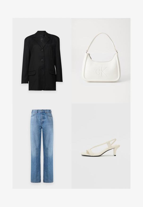 Zwarte blazer met een geknipte revers, enkelzijdige knoopsluiting, twee voorzakken en een borstzak; gemaakt van gladde stof met een gestructureerde vorm.; Witte mouwloze coltrui gemaakt van zacht materiaal, met een gestructureerd ontwerp, een gladde textuur en subtiele geribbelde zoomdetails.; Lichtblauwe denim jeans met een recht model, voorzien van een hoge taille, vijf zakken en zichtbare stiksels. De textuur is glad en klassiek.; Beige blockhak sandalen met dunne bandjes en een vierkante neus. Glad materiaal met minimale details, ontworpen voor eenvoudig dragen.; Witte lederen handtas met een gebogen vorm, voorzien van een reliëf "CK" logo aan de voorkant en een enkele schouderriem. Ritsluiting aan de bovenkant.