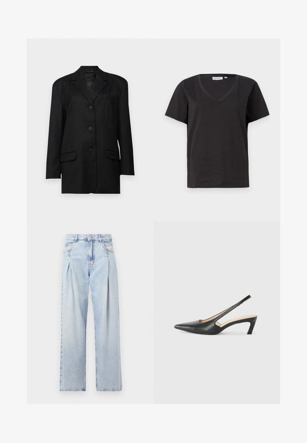 Čierny blázon s výstrihom do V, jednoradovým zapínaním na gombíky, dvoma prednými vreckami a náprsním vreckom; vyrobený z hladkej tkaniny so štruktúrovaným tvarom.; Čierne bavlnené tričko s výstrihom do V a krátkymi rukávmi. Jednoduchý dizajn s bežným strihom a bez vzorov alebo akcentov.; Svetlomodré džínsy s vysokým pásom, širším strihom po celej dĺžke, dvoma bočnými vreckami a skladaným dizajnom. Mäkka textúra s vyblednutým vzhľadom.; Čierne slingback topánky s ostrou špičkou a nízkym opätkom, vyrobené z hladkej kože a s výrezmi na boku pre lepšiu priedušnosť.