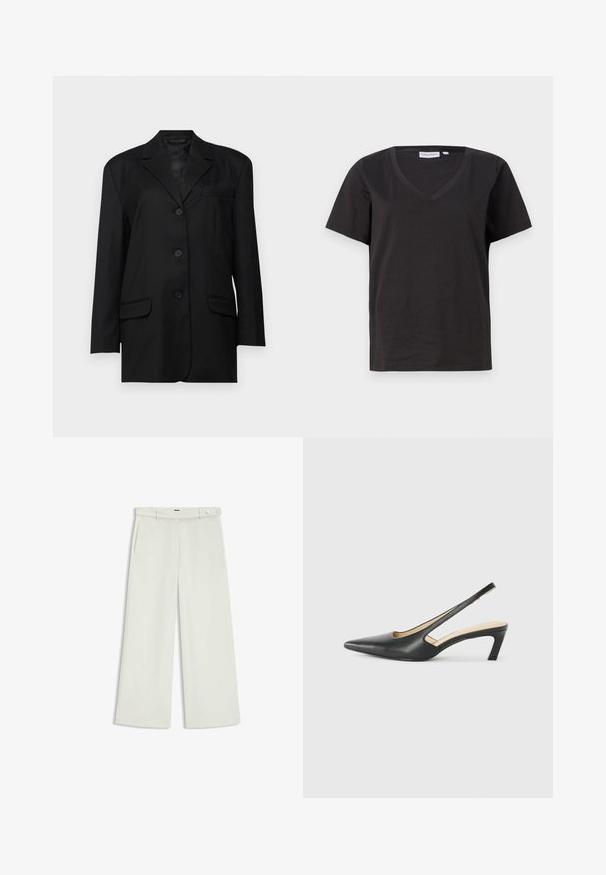 Black blazer with a notched lapel, single-breasted button closure, two front pockets, and a chest pocket; made of smooth fabric with structured shape.; Black cotton T-shirt with a V-neck and short sleeves. Simple design with a regular fit and no patterns or accents.; Wide-leg pants in light cream fabric, featuring side pockets, a flat front, and a single button closure at the waist. Smooth texture.; Black pointy-toed slingback shoe with a low heel, featuring smooth leather material and cut-out design on the side for breathability.