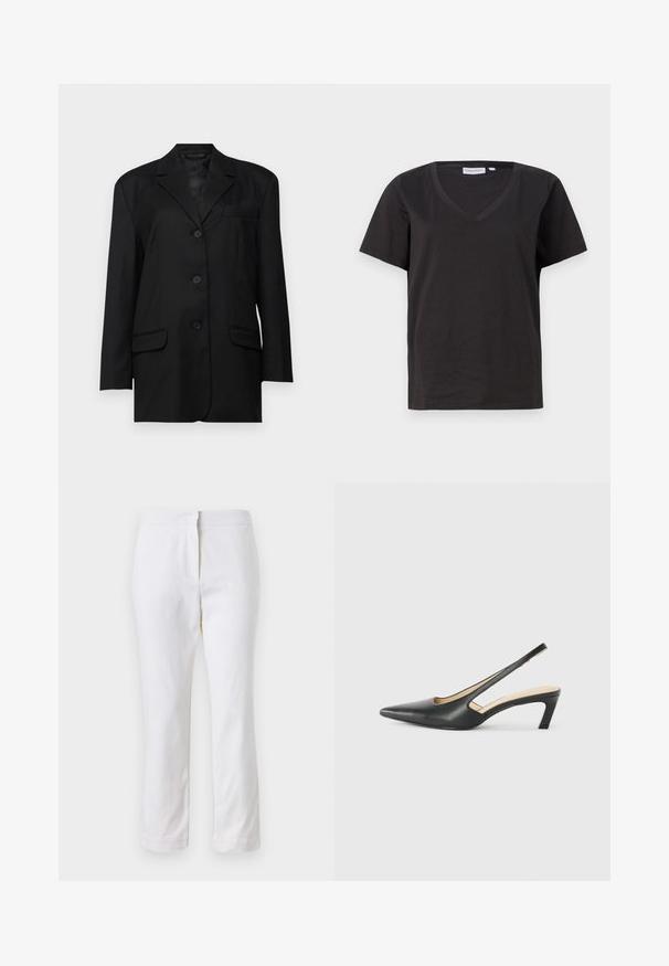 Blazer negro con solapa muesca, cierre de botón de un solo pecho, dos bolsillos frontales y un bolsillo en el pecho; fabricado con una tela suave y de forma estructurada.; Camisa de algodón negra con cuello en V y mangas cortas. Diseño simple con un corte regular y sin patrones ni acentos.; Pantalones de algodón blancos con un diseño de pierna recta, que cuentan con una cintura de media altura y sin herrajes o patrones visibles. Textura suave en todo su recorrido.; Zapato negro de punta afilada tipo slingback con un tacón bajo, que presenta un material de cuero suave y un diseño recortado en el lateral para mayor transpirabilidad.