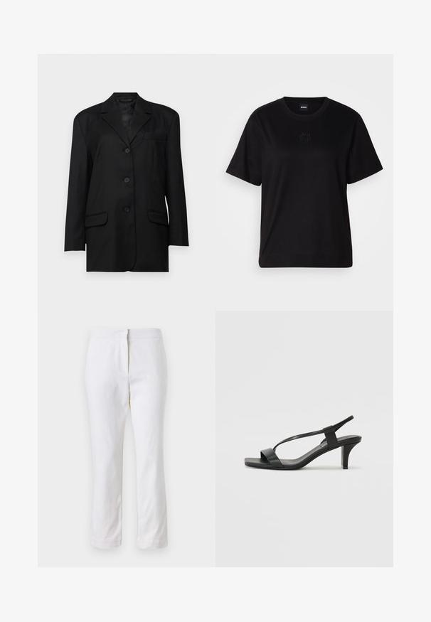 Schwarzer Blazer mit Reverskragen, einreihiger Knopfverschluss, zwei Fronttaschen und einer Brusttasche; aus glattem Stoff mit strukturierter Form.; Schwarzes Baumwoll-T-Shirt mit Rundhalsausschnitt, kurzen Ärmeln und aufgesticktem Logo auf der Brust. Einfacher, lässiger Schnitt ohne Muster.; Weiße Baumwollhose mit geradem Bein, mittelhoher Taille und ohne sichtbare Beschläge oder Muster. Glatte Textur auf der gesamten Fläche.; Schwarze Absatzsandalen mit einem schlanken Riemendesign, quadratischer Zehenpartie und einem Blockabsatz mittlerer Höhe. Hergestellt aus glattem Leder mit matter Oberfläche.