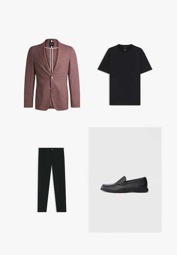 Dopasowana marynarka w jasnym burgundzie, z dwoma przednimi kieszeniami, zapięciem na pojedynczy guzik i kontrastowymi paskami wewnętrznymi.; Czarny t-shirt krótki rękaw wykonany z gładkiej mieszanki bawełny, z okrągłym dekoltem i minimalistycznym designem bez wzorów czy akcentów.; Czarne spodnie materiałowe z prostymi nogawkami, wykonane z gładkiego materiału. Posiadają zamek na guzik z przodu oraz szlufki na pasek. Gładkie, bez wzorów.; Czarne skórzane mokasyny wsuwane z teksturowaną cholewką, okrągłym noskiem, niskim obcasem i gumową podeszwą, przedstawione w profilu bocznym na białym tle.