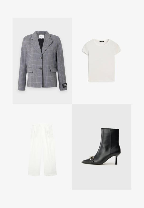 Szaro-niebieski żakiet w kratę z klapami, dwiema przednimi kieszeniami, dwoma guzikami i markową naszywką na rękawie. Teksturowana tkanina.; Biała koszulka z krótkim rękawem o okrągłym dekolcie, wykonana z miękkiej bawełny, charakteryzująca się gładką teksturą i prostym wzornictwem.; Białe spodnie typu wide-leg wykonane z lekkiego materiału, z płaskim przodem, zakładkami i paskiem w talii, zapewniające luźny, przewiewny krój.; Czarny skórzany botek za kostkę z szpiczastym noskiem, smukłym średnim obcasem i srebrnym zapięciem po boku na jednolitym tle.
