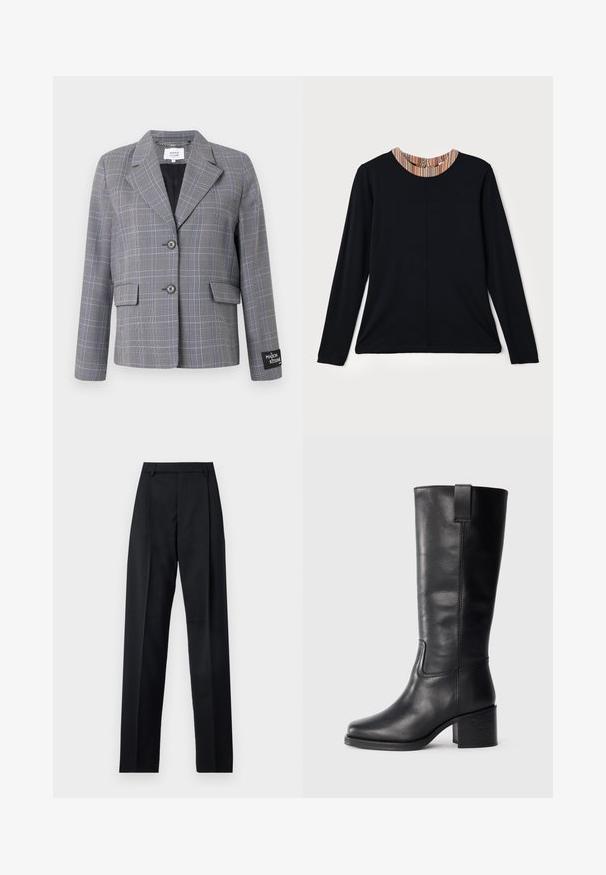 Szaro-niebieski żakiet w kratę z klapami, dwiema przednimi kieszeniami, dwoma guzikami i markową naszywką na rękawie. Teksturowana tkanina.; Czarna bluzka z długim rękawem i okrągłym dekoltem, ozdobiona wielokolorowym paskiem na kołnierzu. Gładki materiał w luźnym kroju.; Czarne spodnie wykonane z gładkiego materiału, z wysokim stanem, szerokimi nogawkami, fałdami z przodu i klasycznymi szlufkami na pasek. Brak widocznych kieszeni bocznych.; Czarne skórzane botki do kolan o gładkiej fakturze, kwadratowym nosku, słupku oraz bocznym uchwycie, z minimalistycznymi detalami w postaci szwów.