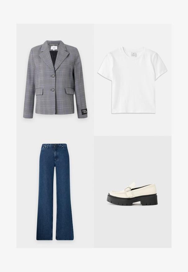 Γκρι και μπλε καρό σακάκι με κομμένο γιακά, δύο μπροστινές τσέπες, δύο κουμπιά και ετικέτα επωνυμίας στο μανίκι. Υφασμάτινη υφή.; Λευκό βαμβακερό t-shirt με στρογγυλή λαιμόκοψη, κοντά μανίκια και ίσια τελείωση. Ετικέτα με την ένδειξη "Won Hundred" στη μέση της λαιμόκοψης.; Μπλε τζιν φλόρδες παντελόνες με ψηλή μέση, πέντε τσέπες και κλείσιμο με μεταλλικό κουμπί. Λείος υφή, καθημερινό στυλ και ελάχιστη ραφή.; Λευκό δερμάτινο μοκασίνι με χοντρή μαύρη πλατφόρμα, διαθέτει ορθογώνια ασημένια πόρπη και ορατές ραφές στο πάνω μέρος.