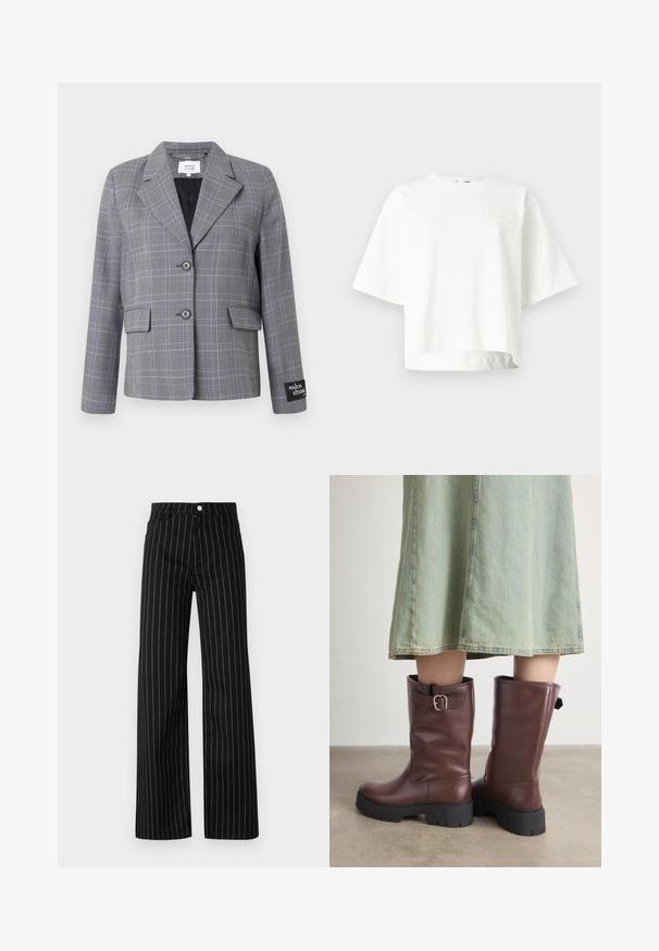 Blazer în carouri gri și albastre cu guler cu vârf, două buzunare frontale, două nasturi și o eticheta de marcă pe mânecă. Material texturat.; Tricou alb scurt cu mâneci, dintr-un material moale, având un logo discret embosat în zona stângă a pieptului.; Pantaloni negri cu croi larg, cu dungi verticale albastre, având un design clasic cu cinci buzunare și închidere cu nasture în față.; Boots din piele maro, până la genunchi, cu un finisaj texturat, având un detaliu cu cataramă pe lateral și talpă groasă din cauciuc negru.