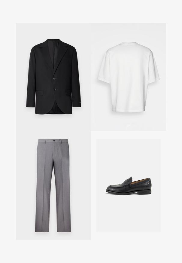 Crni sako s rever kragnom, dvostrukim kopčanjem, dva prednja džepa i jednim džepom na prsima. Glatka tkanina i kroj u struku.; Bijela majica kratkih rukava, slobodnog kroja, okruglog izreza, od glatke pamučne tkanine, bez ukrasa na leđima, ravnog donjeg ruba, bez uzoraka ili naglasaka.; Sive krojene hlače s ravnim prednjim dijelom, dva bočna džepa i jedan gumb za zatvaranje. Glatka tekstura s suptilnim uzorkom prugica.; Crne kožne loferice s glatkom površinom, zaobljenim vrhom i dekorativnim šavom na gornjem dijelu. Nizak potplat s malim potpeticama i blagi sjaj.