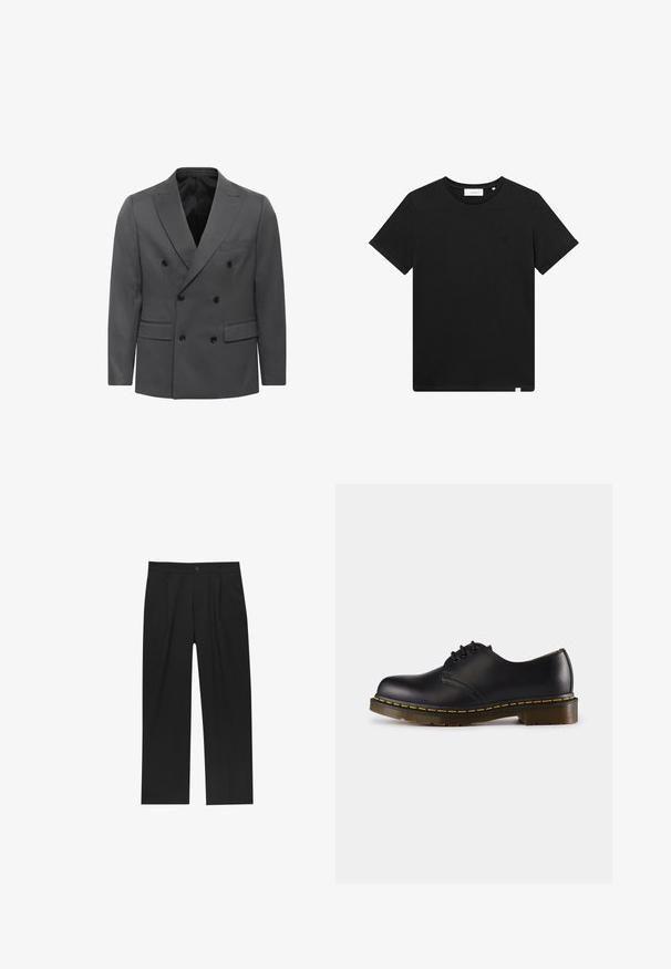 Grå dubbelknäppt blazer i herringbone-mönster, med utskurna slag, två framfickor och svarta knappdetaljer. Fodrad insida.; Svart kortärmad T-shirt i bomull, med rund hals och en liten logotyp broderad på bröstet. Slät textur, standard passform.; Svarta byxor med rak ben-design, tillverkade av ett jämnt tyg. Har framfickor och en enkel knapplåsning i midjan.; Svart lädersko med rund tå, snörningsdesign, gula stygn längs sulan och en kraftig, texturerad gummisula.