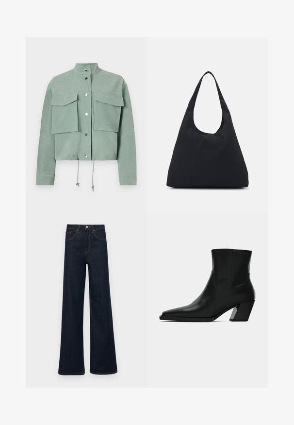 Short-sleeved, cropped, green jacket with two front pockets and snap buttons, featuring drawstrings at the hem and a stand-up collar.; White cable-knit turtleneck sweater with a cropped silhouette, featuring ribbed cuffs and hem. Soft texture with a cozy, chunky design.; Dark blue wide-leg denim jeans with front pockets, belt loops, and a button closure.; Black leather ankle boot with a pointed toe, a sleek silhouette, and a chunky square heel. Smooth texture with minimal stitching details.; Black fabric bag with a single, wide shoulder strap. Soft, semi-structured shape and smooth texture; minimal design, without visible hardware.