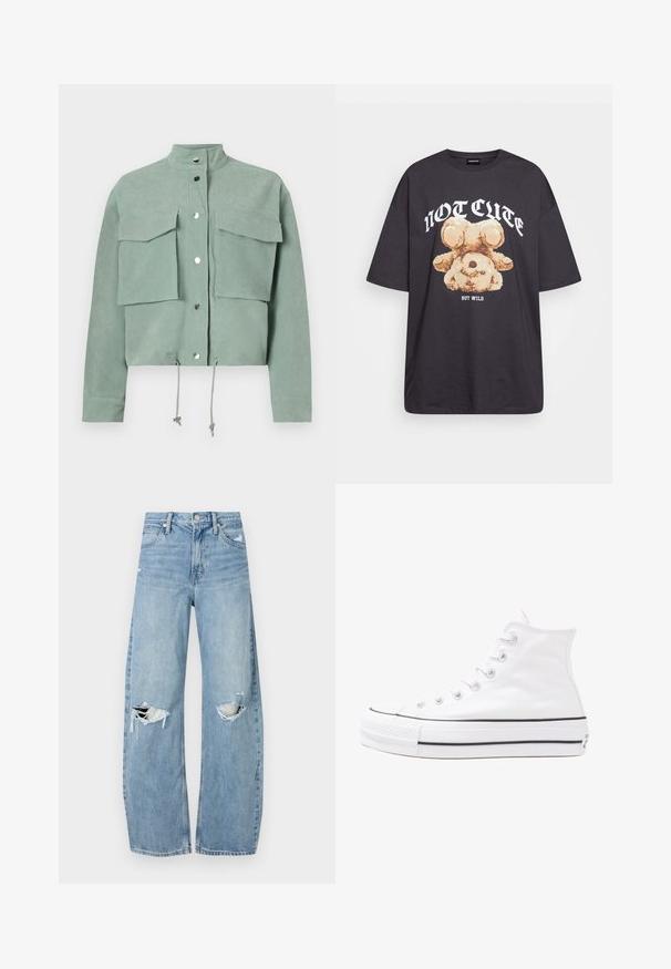 Kortärmad, croppad, grön jacka med två framfickor och tryckknappar, med dragsnören i nederkant och ställbar krage.; Svart oversized t-shirt med en grafik av en björn och texten "INTE SÖT MEN VILD" i fet, vit lettering. Tillverkad av bomull.; Ljusblå, högmidjade jeans i denim. Har vida ben, två slitna knäområden och klassisk femfickedesign.; Vit hög topp canvas sneaker med svart gummisulan, framsidan gummitåhätta och sex öglor för snören, med en ren, minimalistisk design.