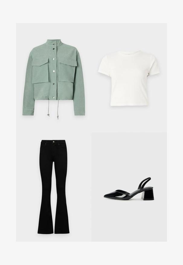 Rövidujjú, cropped, zöld kabát, két elülső zsebbel és patentgombokkal, húzózsinórral az alsó részén és álló gallérral.; Rövid, fehér, pamut póló, rövid ujjakkal, kerek kivágással és egyenes szegéllyel, sima textúrával és letisztult dizájnnal.; Fekete, magas derekú farmernadrág gomb- és cipzárzárral, elülső zsebekkel és harangszárral, laposan egy fehér háttérre terítve.; Fekete lakk bőr szandálkés magas sarkú cipő, hegyes orral és geometrikus tömbsarkakkal. Karcsú, minimalista dizájn és sima textúra jellemzi.